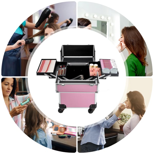 Makeup kuffert på hjul - Kosmetikkuffert - Aluminium hårdskal - 360° spinnerhjul - Lås - Aftagelige hjul - Teleskophåndtag - 34×24×45 cm - Pink