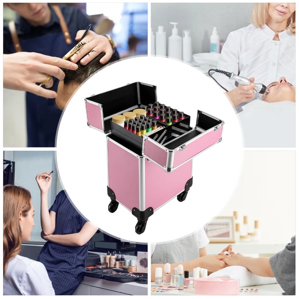 Makeup kuffert på hjul - Kosmetikkuffert - Aluminium hårdskal - 360° spinnerhjul - Lås - Aftagelige hjul - Teleskophåndtag - 34×24×45 cm - Pink