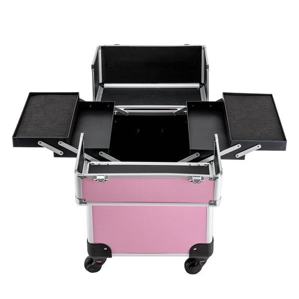 Makeup kuffert på hjul - Kosmetikkuffert - Aluminium hårdskal - 360° spinnerhjul - Lås - Aftagelige hjul - Teleskophåndtag - 34×24×45 cm - Pink