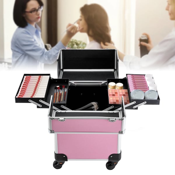 Makeup kuffert på hjul - Kosmetikkuffert - Aluminium hårdskal - 360° spinnerhjul - Lås - Aftagelige hjul - Teleskophåndtag - 34×24×45 cm - Pink