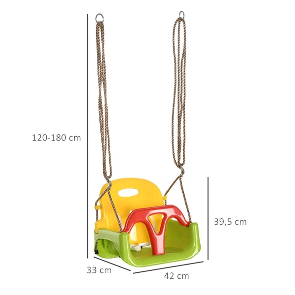 Babygunga 3-i-1 - Barn gunga - Avtagbart ryggstöd - Justerbar höjd 120–180 cm - Sits 42×33 cm - PP/PE - Grön