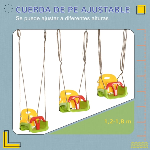 Babygunga 3-i-1 - Barn gunga - Avtagbart ryggstöd - Justerbar höjd 120–180 cm - Sits 42×33 cm - PP/PE - Grön
