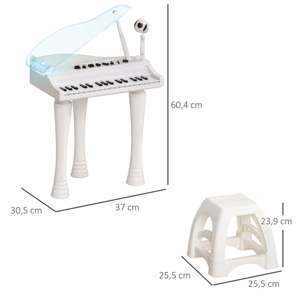 Barnpiano - Elektroniskt keyboard - Med pall - 37×30,5×60,4 cm - CE-märkt - ABS/PP - Ålder 3–6 år - Vit