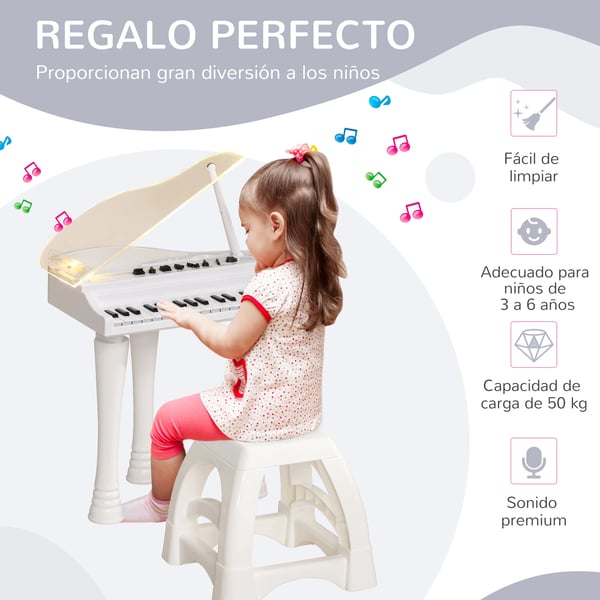Barnpiano - Elektroniskt keyboard - Med pall - 37×30,5×60,4 cm - CE-märkt - ABS/PP - Ålder 3–6 år - Vit