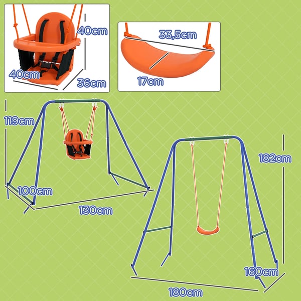 Gungställning för barn - Utomhus gunga - Med säkerhetsbälte - 180×160×182 cm - Metall & PE - Ålder 3–6 år - Orange