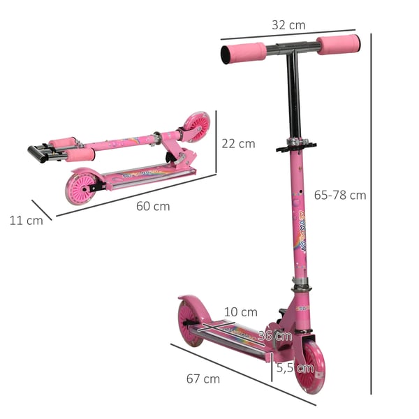 Sparkcykel för barn - Hopfällbar kickbike - LED-ljus och musik - Höjdjusterbar 65–78 cm - 2 PVC-hjul - Metallram - För 3+ år - Rosa