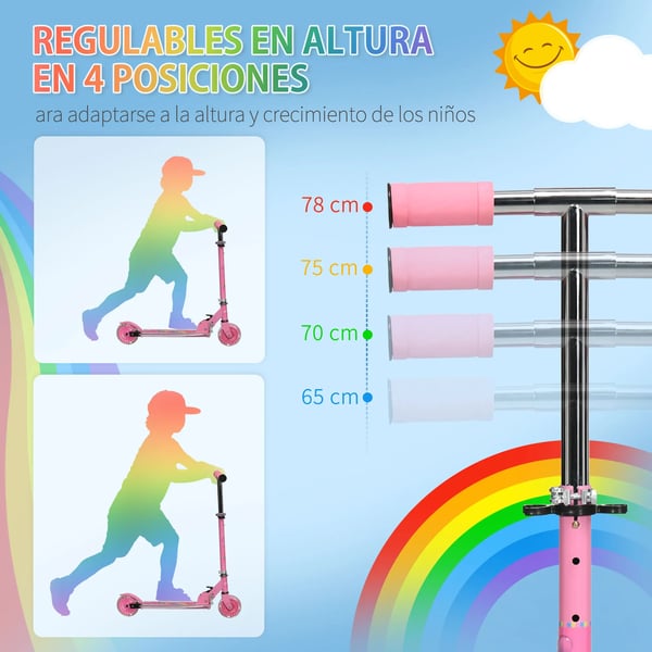 Sparkcykel för barn - Hopfällbar kickbike - LED-ljus och musik - Höjdjusterbar 65–78 cm - 2 PVC-hjul - Metallram - För 3+ år - Rosa