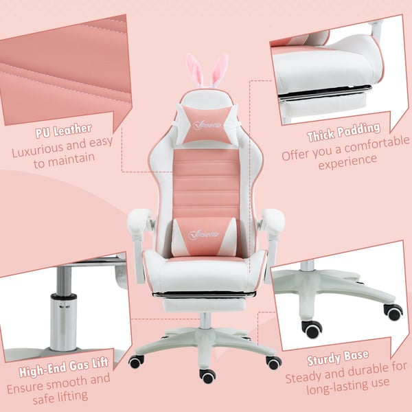 Gamingstol - Kontorsstol - PU-läder - Svängbar 360° - Höjdjusterbar - Med Armstöd - Med Hjul - Storlek 65 x 63 x 142 cm - Rosa