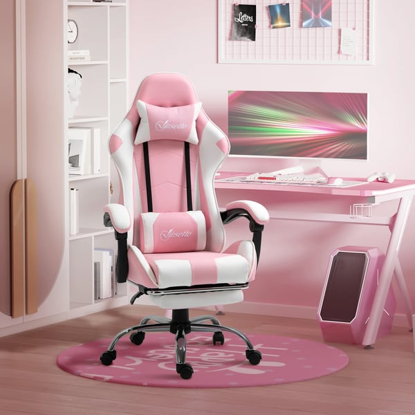 Gamingstol - Kontorsstol - Lutbar rygg - Nackstöd - Utdragbart fotstöd - Vridbar - Hjul - 64×67×127 cm - Rosa