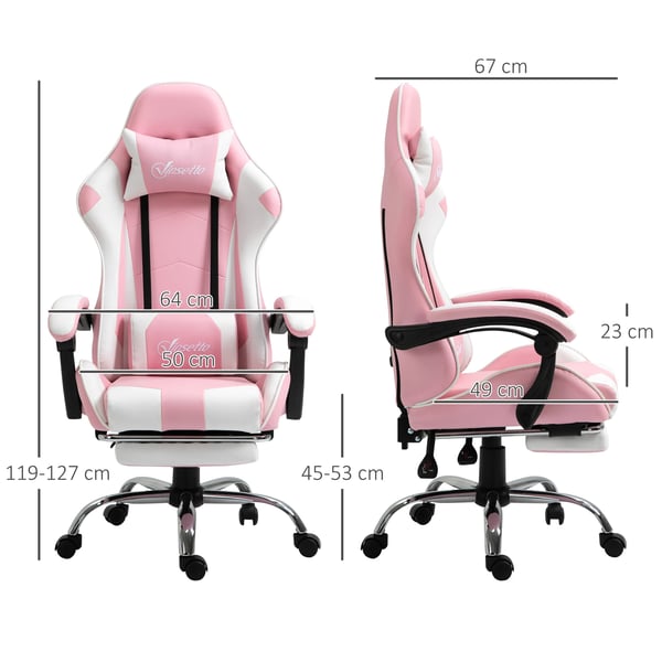 Gamingstol - Kontorsstol - Lutbar rygg - Nackstöd - Utdragbart fotstöd - Vridbar - Hjul - 64×67×127 cm - Rosa