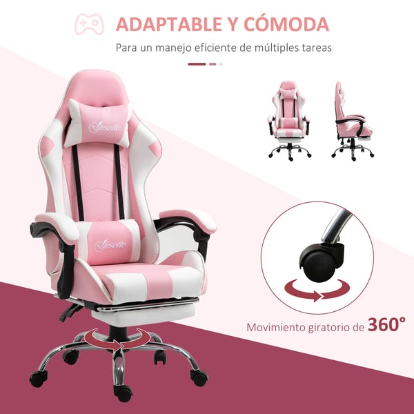 Gamingstol - Kontorsstol - Lutbar rygg - Nackstöd - Utdragbart fotstöd - Vridbar - Hjul - 64×67×127 cm - Rosa