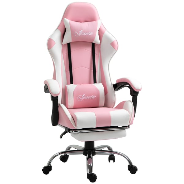 Gamingstol - Kontorsstol - Lutbar rygg - Nackstöd - Utdragbart fotstöd - Vridbar - Hjul - 64×67×127 cm - Rosa