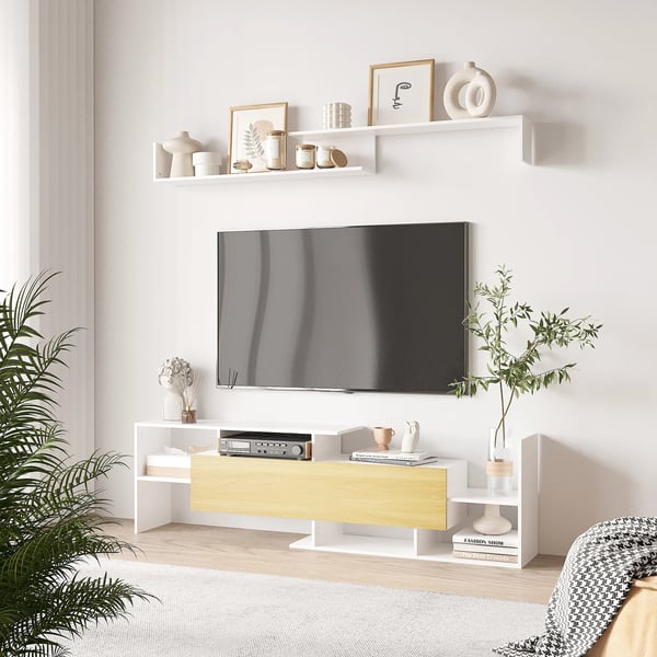 TV-bänk med hylla - Vardagsrumsmöbel - Modern Stil - Melamin - 153,6x25x42 cm - Hylla 150x14,5x16,3 cm - Naturvit