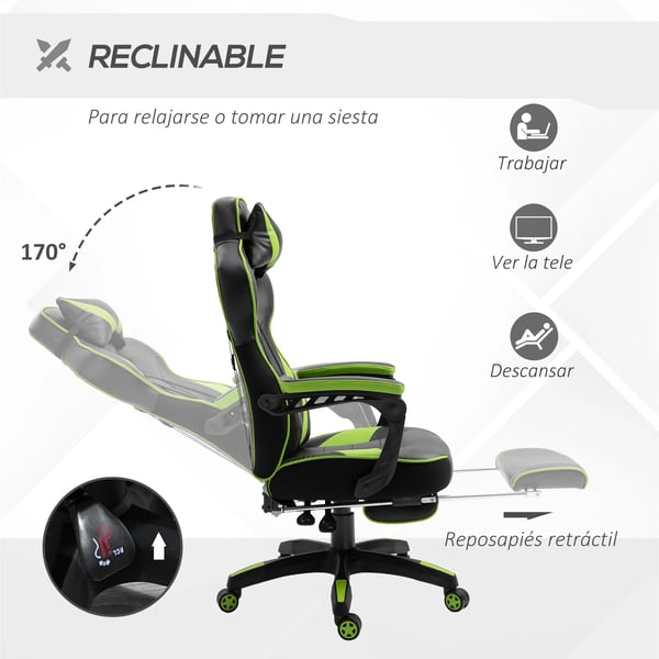 Ergonomisk gamingstol - Kontorsstol i racerstil - Fällbart ryggstöd - Höjd 118,5–126,5 cm - Mått 65×70×118,5–126,5 cm - Armégrön