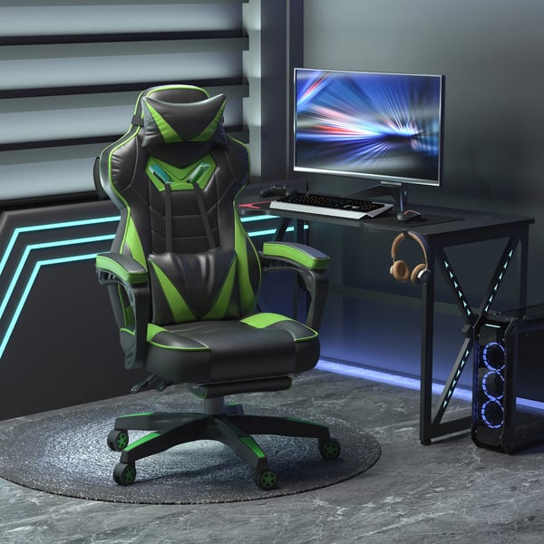 Ergonomisk gamingstol - Kontorsstol i racerstil - Fällbart ryggstöd - Höjd 118,5–126,5 cm - Mått 65×70×118,5–126,5 cm - Armégrön