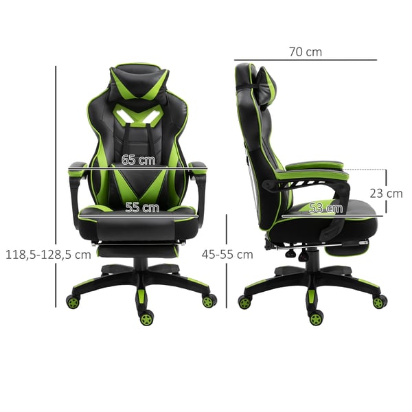 Ergonomisk gamingstol - Kontorsstol i racerstil - Fällbart ryggstöd - Höjd 118,5–126,5 cm - Mått 65×70×118,5–126,5 cm - Armégrön
