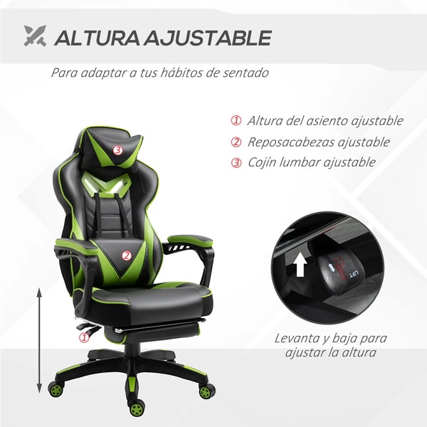 Ergonomisk gamingstol - Kontorsstol i racerstil - Fällbart ryggstöd - Höjd 118,5–126,5 cm - Mått 65×70×118,5–126,5 cm - Armégrön