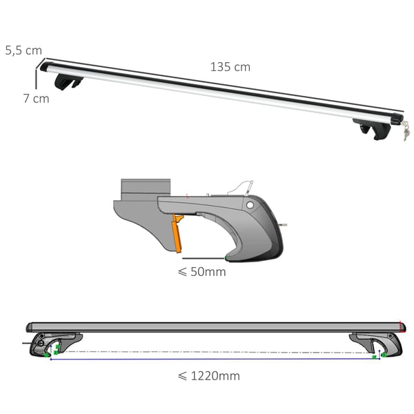 Bil Takräcke - Lastbågar - 135 cm Aluminium - Max 75 kg - Universell passform
