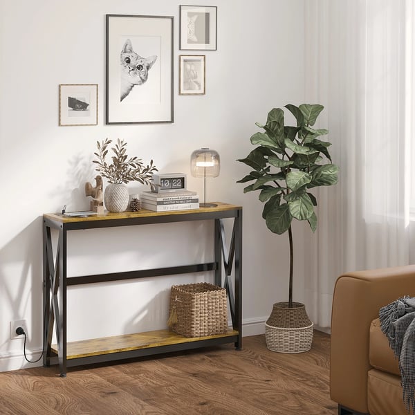 Konsolbord - Industristil - Med Laddningsstation - 100 x 24 x 75 cm - Trälaminat & Stål - Utan Lådor - Montering Krävs - Rustik Brun