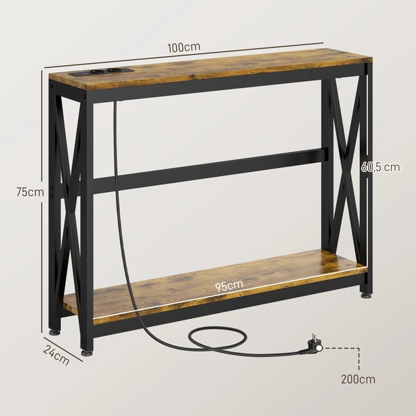 Konsolbord - Industristil - Med Laddningsstation - 100 x 24 x 75 cm - Trälaminat & Stål - Utan Lådor - Montering Krävs - Rustik Brun