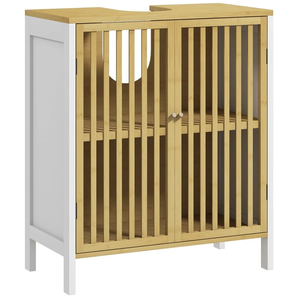 Badrumsskåp - Tvättställsunderskåp - 60x30x70 cm - Bambu & MDF - Montering krävs - Vit