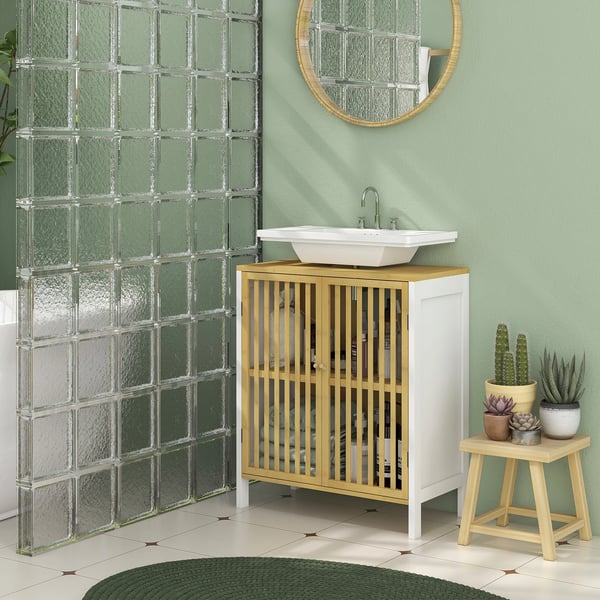 Badrumsskåp - Tvättställsunderskåp - 60x30x70 cm - Bambu & MDF - Montering krävs - Vit