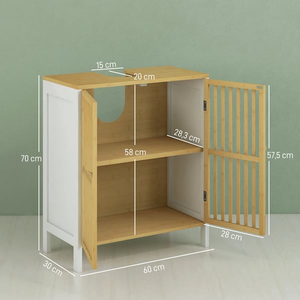 Badrumsskåp - Tvättställsunderskåp - 60x30x70 cm - Bambu & MDF - Montering krävs - Vit