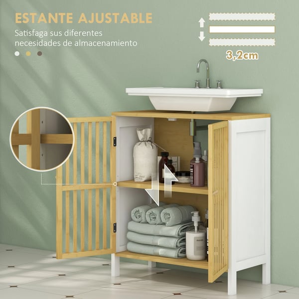 Badrumsskåp - Tvättställsunderskåp - 60x30x70 cm - Bambu & MDF - Montering krävs - Vit