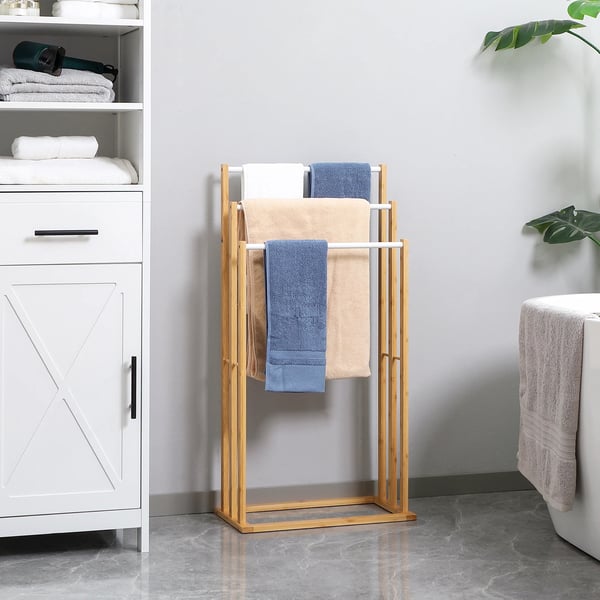 Handdukstativ - Fristående - 3 stänger - Bambu & stål - 48 x 25,8 x 94 cm - Badrum & tvättstuga - Vit