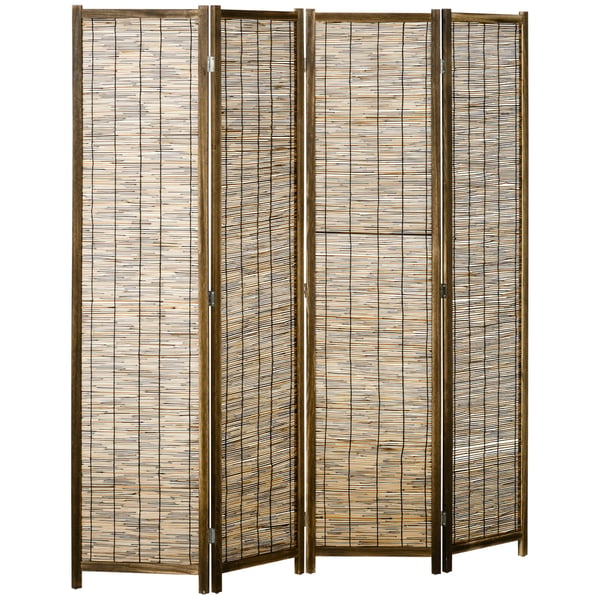 4-panelig vikskärm - Rumsavdelare - Paulowniaträ & vassflätning - Hopfällbar - 160 x 1,8 x 170 cm - Gul
