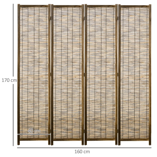 4-panelig vikskärm - Rumsavdelare - Paulowniaträ & vassflätning - Hopfällbar - 160 x 1,8 x 170 cm - Gul