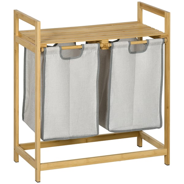Tvättkorg i bambu - Tvättsorterare - 2 avtagbara påsar - 64×33×73 cm - Modern design - Naturträ