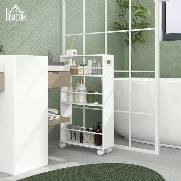 Rullvagn med sidoreling - Förvaringsvagn - Stål - 45×15×80 cm - Smal design - Montering krävs - Vit