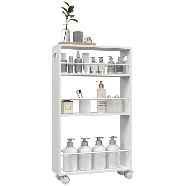 Rullvagn med sidoreling - Förvaringsvagn - Stål - 45×15×80 cm - Smal design - Montering krävs - Vit