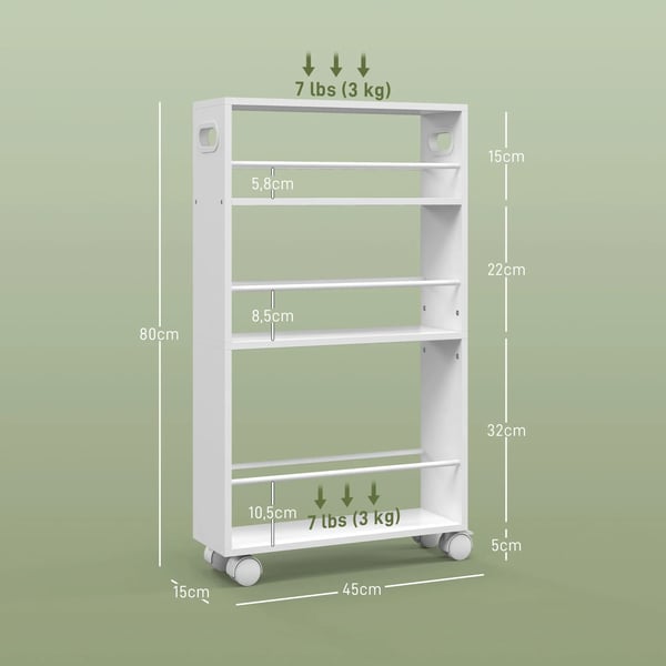 Rullvagn med sidoreling - Förvaringsvagn - Stål - 45×15×80 cm - Smal design - Montering krävs - Vit