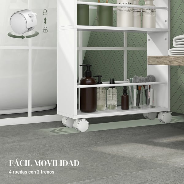 Rullvagn med sidoreling - Förvaringsvagn - Stål - 45×15×80 cm - Smal design - Montering krävs - Vit
