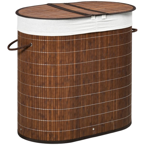 Bambu tvättkorg - Tvättkorg med lock - 2 Fack - 100 l - 62,5×37×60,5 cm - Bambu/polyester/bomull, metall - Brun