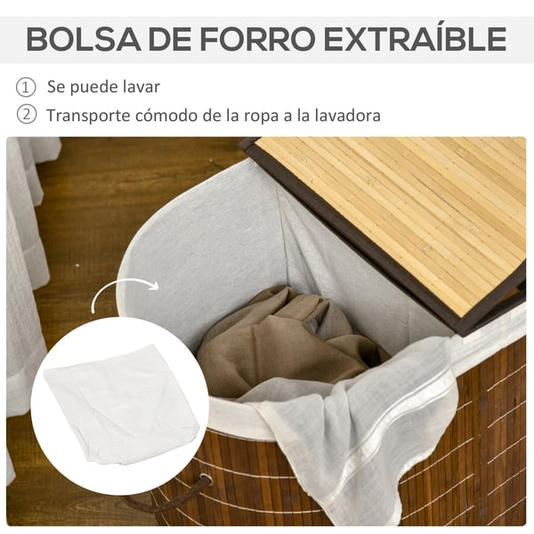 Bambu tvättkorg - Tvättkorg med lock - 2 Fack - 100 l - 62,5×37×60,5 cm - Bambu/polyester/bomull, metall - Brun