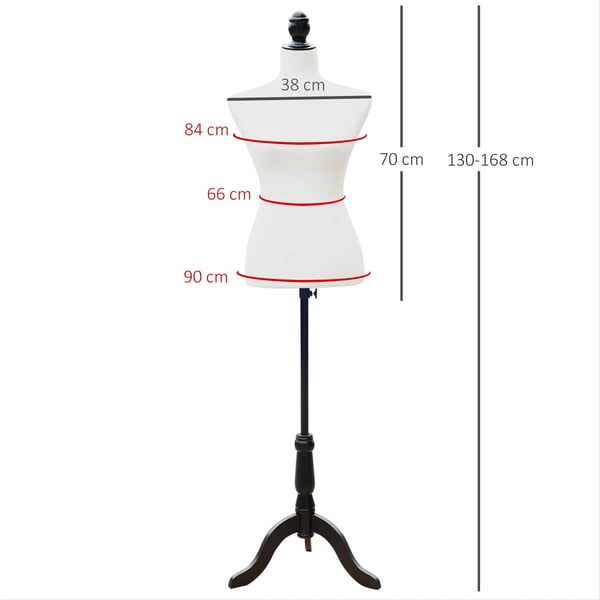 Skräddardocka/Provdocka - Helkropp - Dam - Justerbar höjd 130–168 cm - Vitt trebensstativ i trä