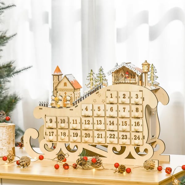 Adventskalender i trä - LED-belysning - 45x10x31 cm - Natur