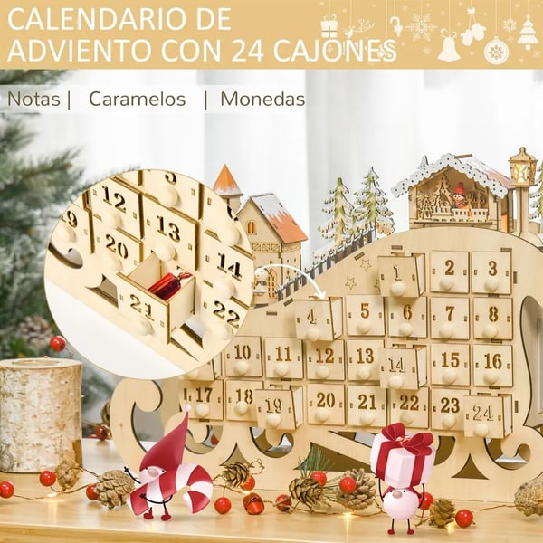 Adventskalender i trä - LED-belysning - 45x10x31 cm - Natur