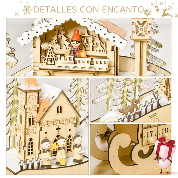Adventskalender i trä - LED-belysning - 45x10x31 cm - Natur