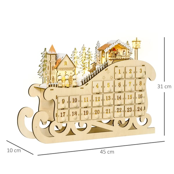 Adventskalender i trä - LED-belysning - 45x10x31 cm - Natur