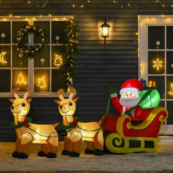 Tomte och ren på släde - Uppblåsbar figur - LED-belysning - Juldekoration