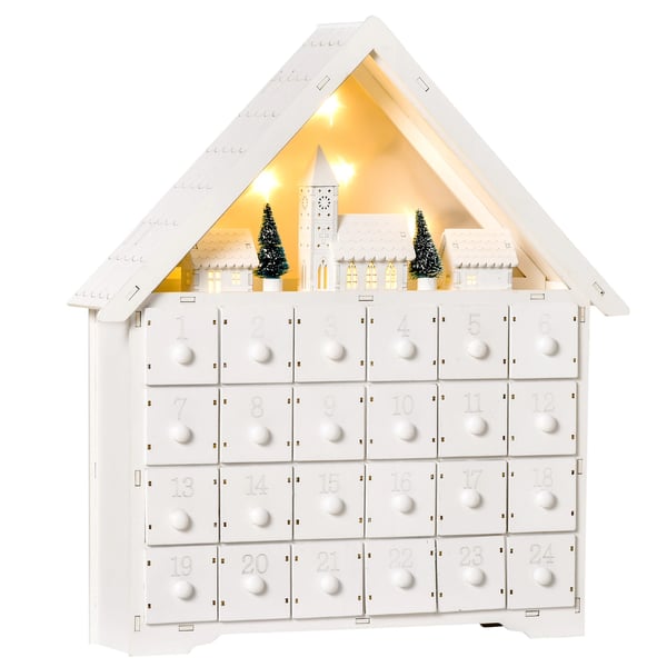 Adventskalender - Juldekoration - Trä - LED-Lampor - 39x9x42 cm - Vit