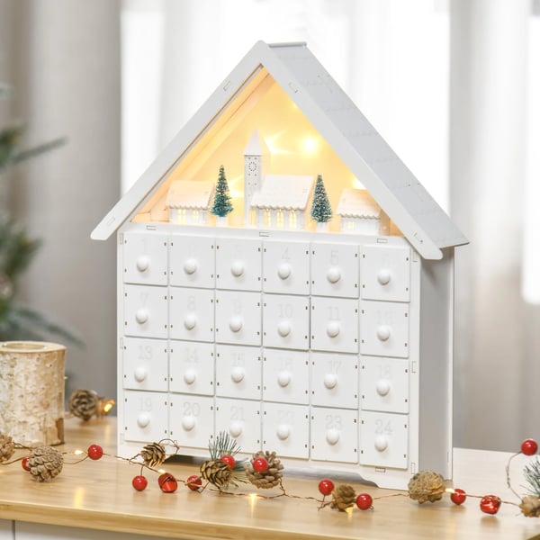 Adventskalender - Juldekoration - Trä - LED-Lampor - 39x9x42 cm - Vit
