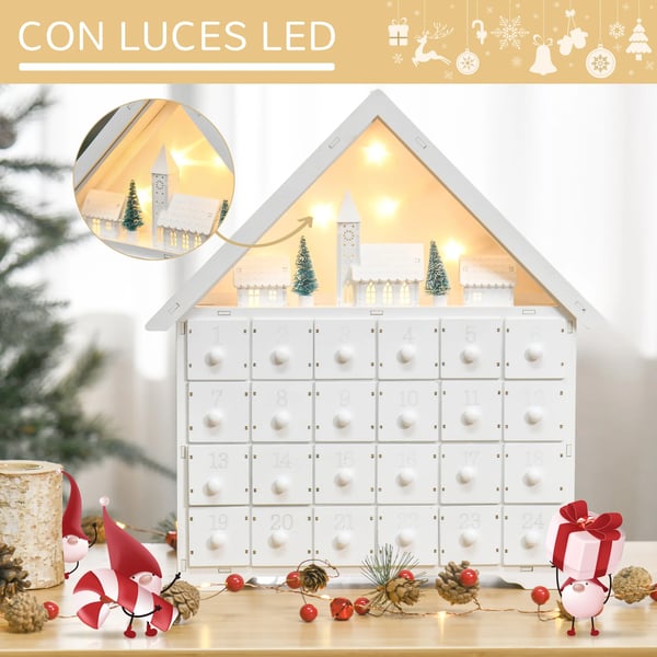 Adventskalender - Juldekoration - Trä - LED-Lampor - 39x9x42 cm - Vit