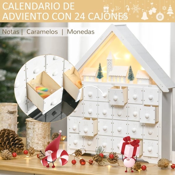 Adventskalender - Juldekoration - Trä - LED-Lampor - 39x9x42 cm - Vit