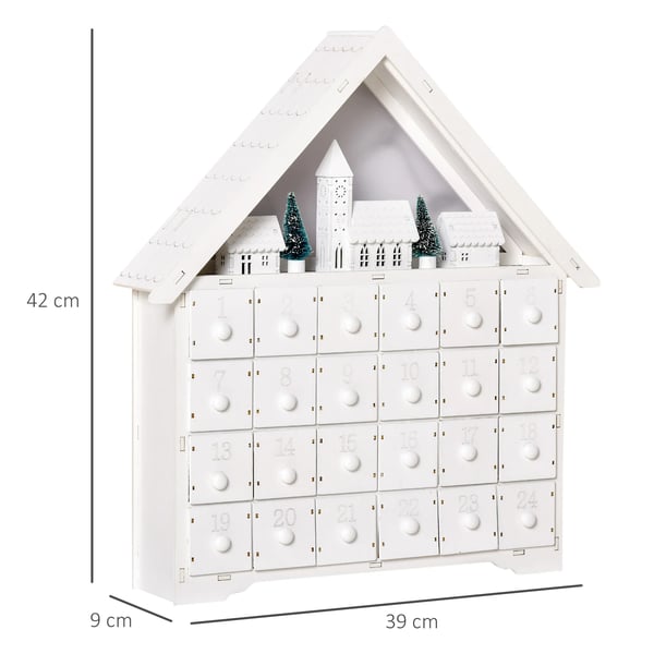 Adventskalender - Juldekoration - Trä - LED-Lampor - 39x9x42 cm - Vit
