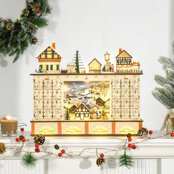 Adventskalender - Husformad - 24 Lådor - Fyll Själv - Trä - 44x10x37 cm - Gul